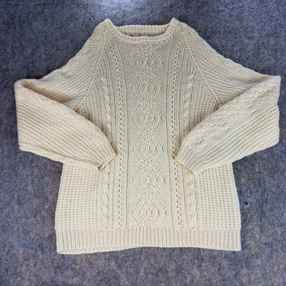 Handmade Cable Knit Aran Sweater Mens Med/L Cream Wool Fisherman Pullover 90s